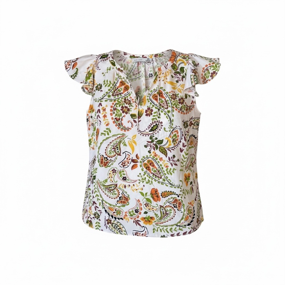 NWT Black Tape Floral Paisley Green Yellow Flutter-Sleeve Flare Blouse Sz Small